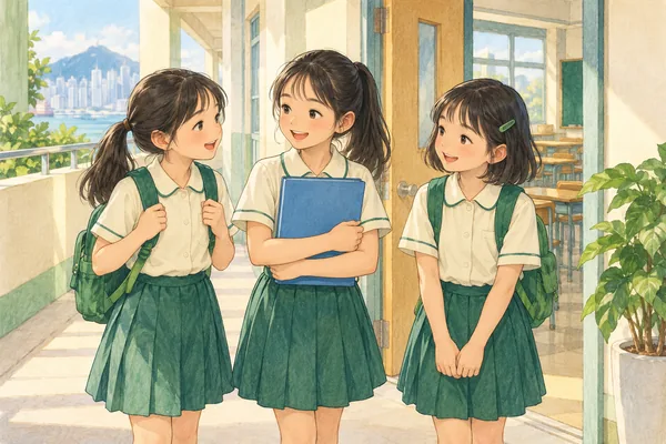 三位女孩站在課室門外,只有中間的女孩抱著藍色文件夾。