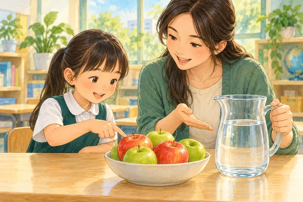 課室裡,孩子指著一碗蘋果,老師示意旁邊裝著水的透明水壺。