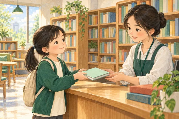 女孩在圖書館櫃台把一本已合上的綠色書交給職員,後方是書架。