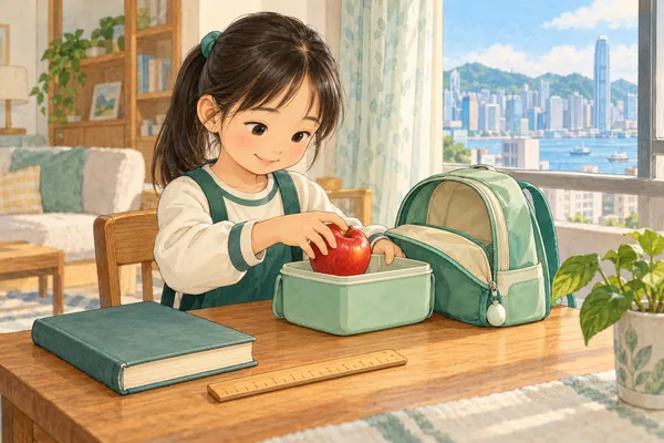 女孩把紅蘋果放進午餐盒,桌上有一本書、木尺和打開的綠色書包。