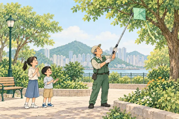 兩個孩子站在公園地上,看管理員用長竿取回樹上的綠色風箏。