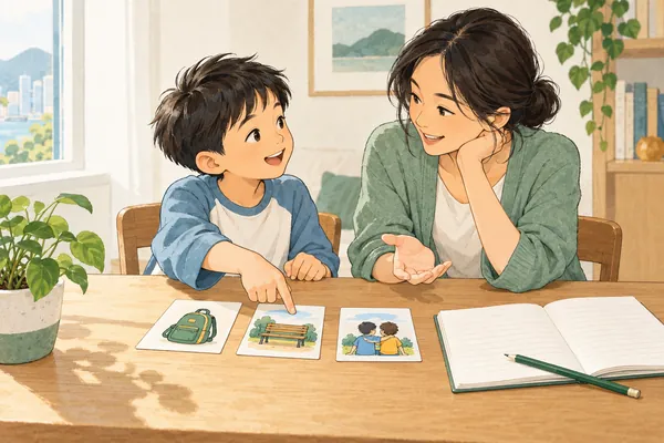 孩子指著桌上的圖片卡說故事,家長在旁聆聽,桌上放著筆記簿和鉛筆。