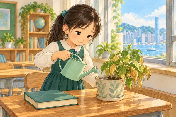 女孩在課室窗邊為葉子枯黃的盆栽澆水,觀察細節以理解故事。