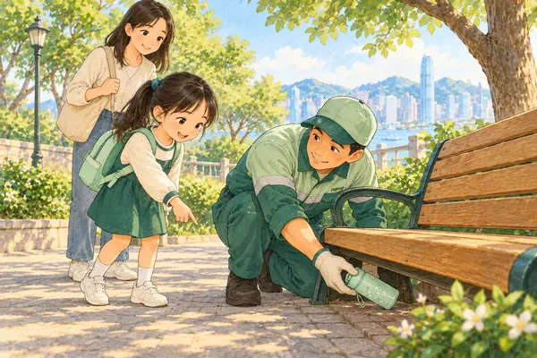 公園管理員在長椅下取回水樽,孩子與家長在旁觀察事件發展。